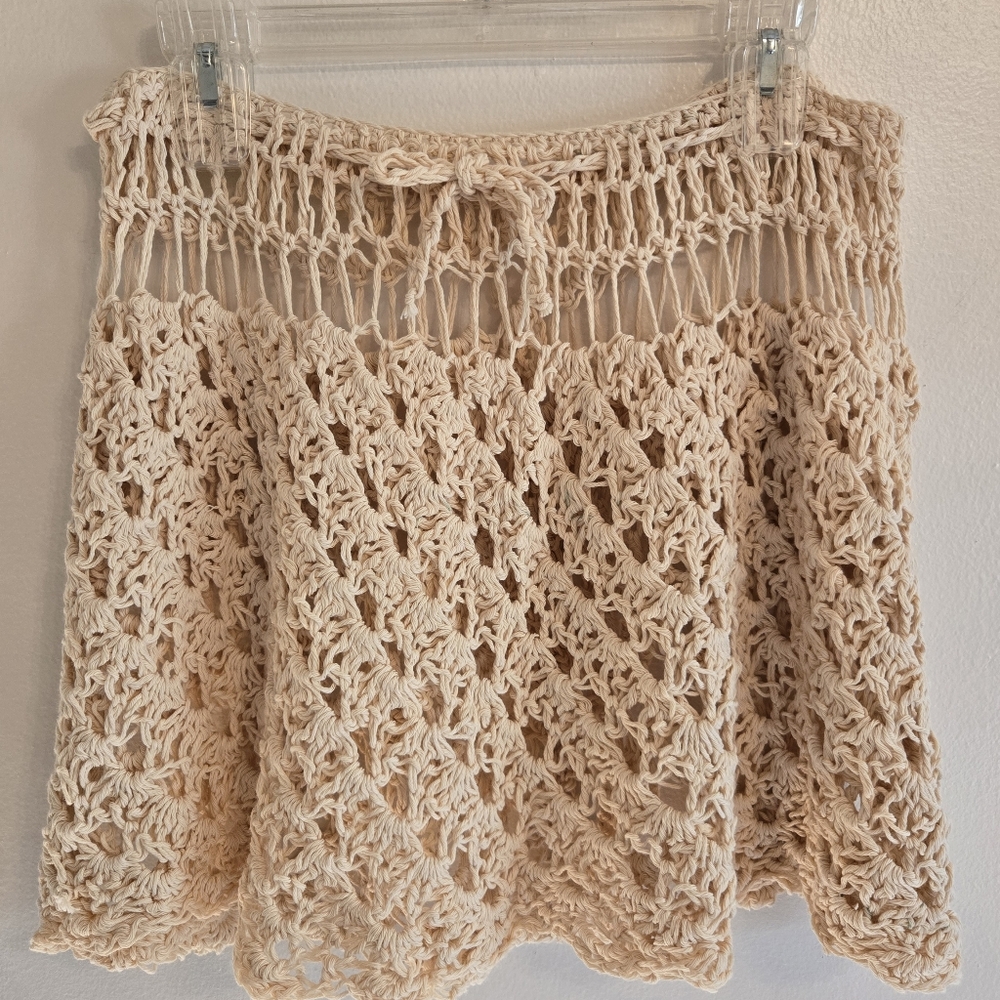 Cream Crochet Drawstring Mini Skirt Swim Cover Up